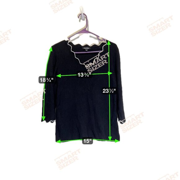 Roz & Ali Black Scalloped V-Neck Sweater Top M 3/4 Sleeve White Trim Knit Pullov - Picture 4 of 7